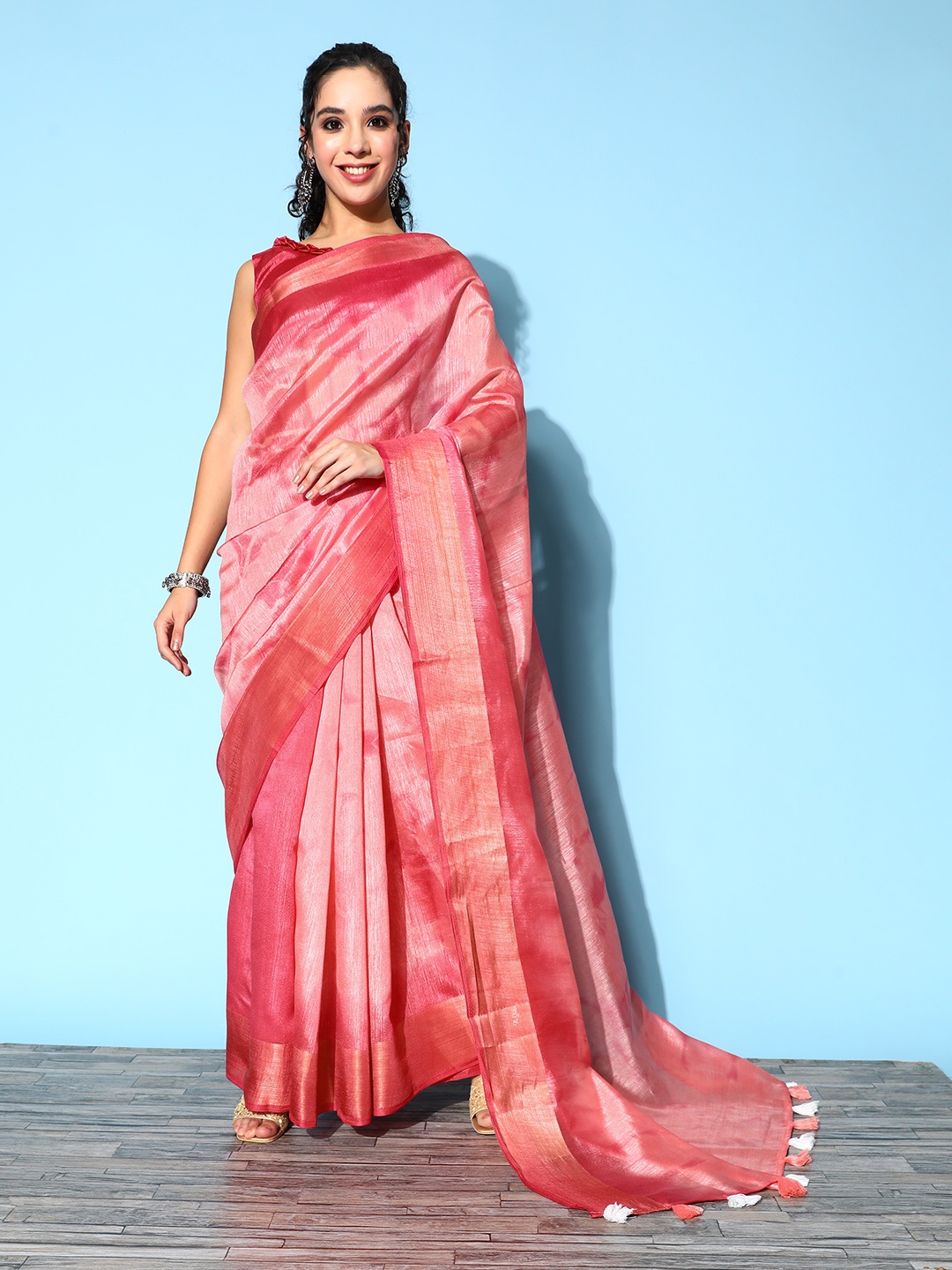 

Mitera Tie and Dye Silk Cotton Saree with Zari border, Pink