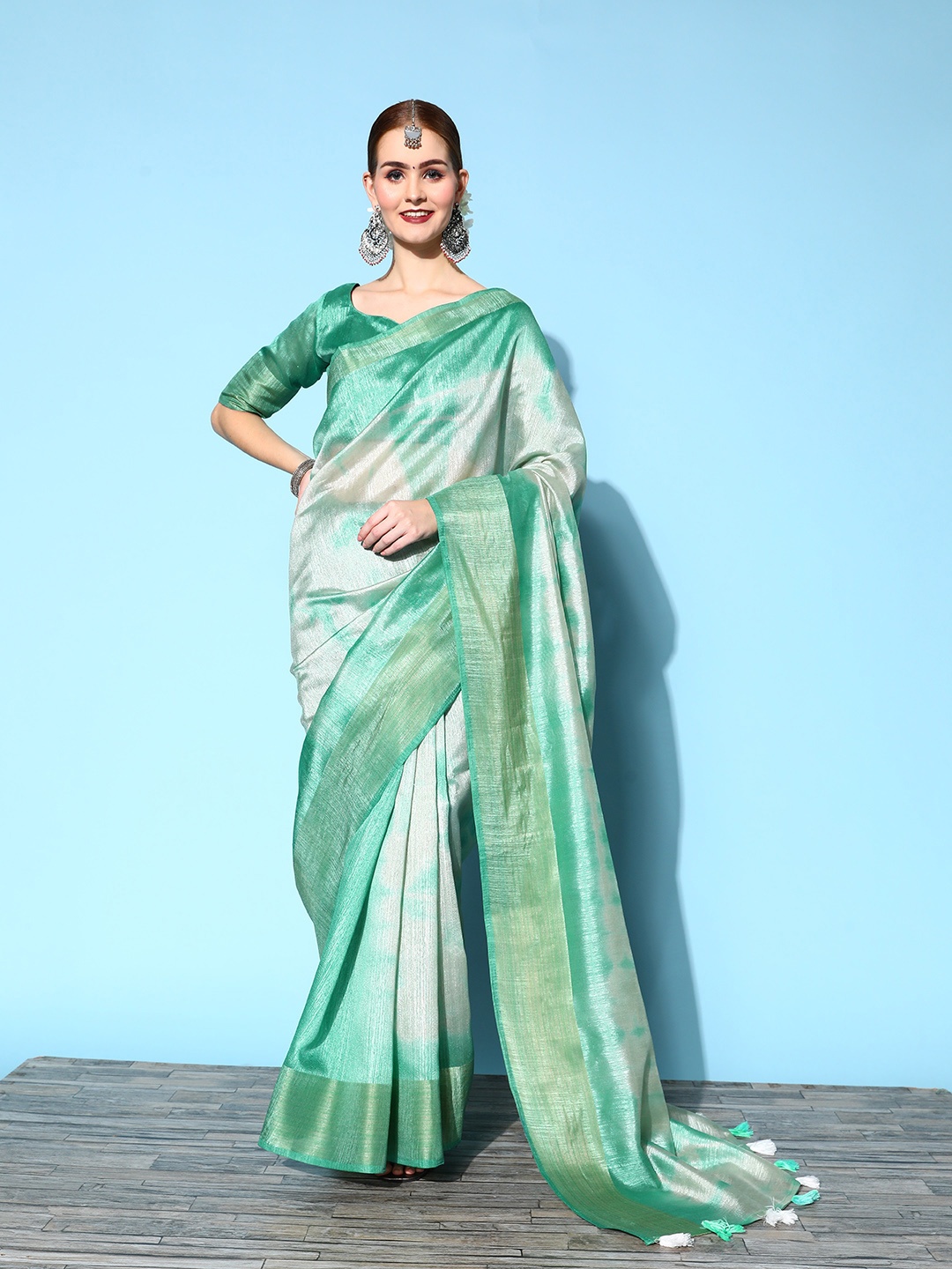 

Mitera Tie and Dye Silk Cotton Saree with Zari border, Green