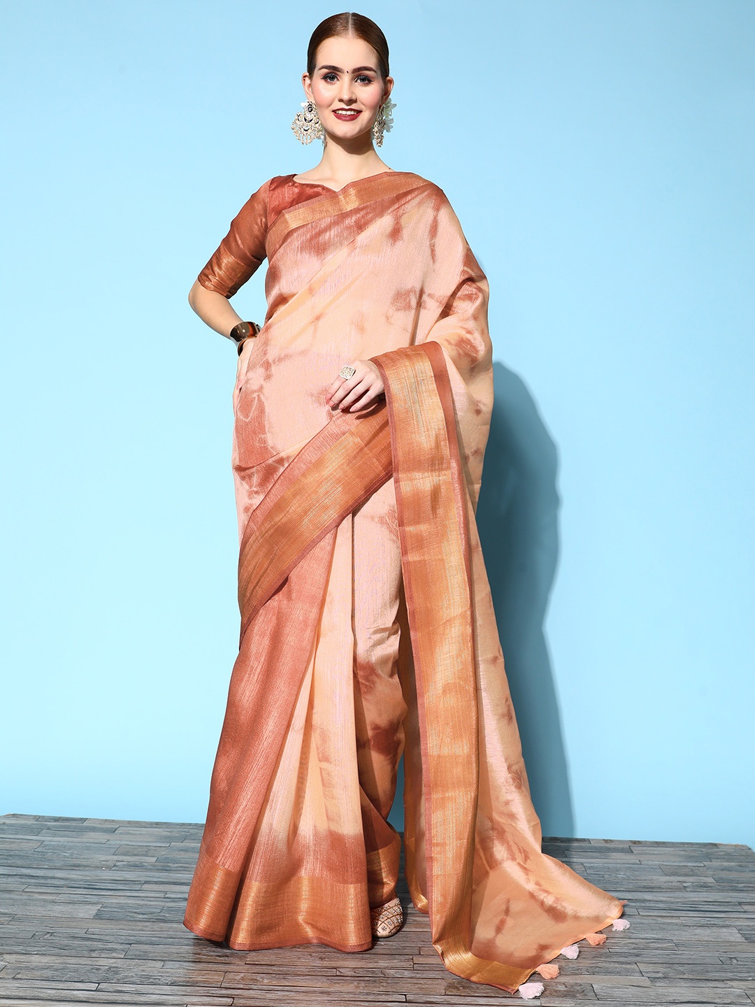 

Mitera Tie and Dye Silk Cotton Saree with Zari border, Brown