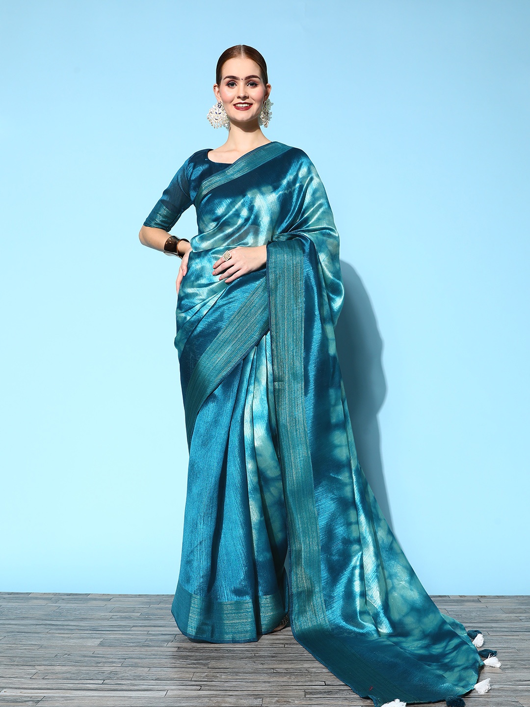 

Mitera Tie and Dye Silk Cotton Saree with Zari border, Blue