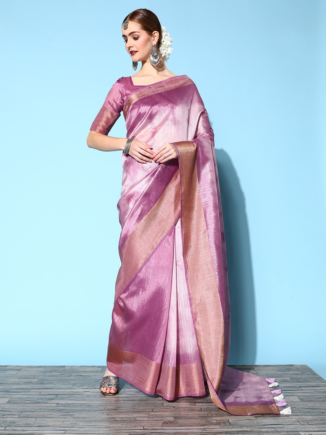 

Mitera Tie and Dye Silk Cotton Saree with Zari border, Lavender