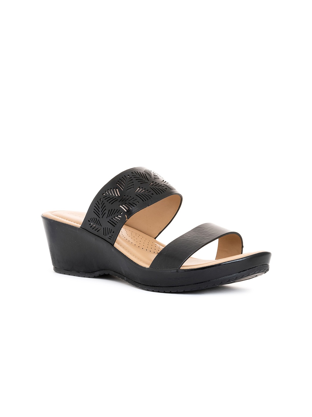 

Khadims Black Wedge Sandals with Laser Cuts