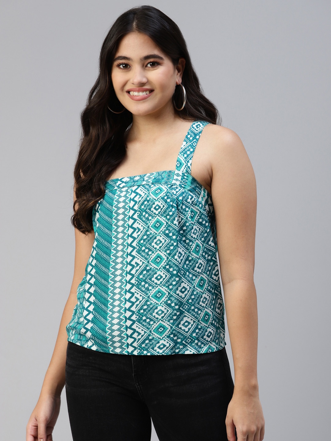 

Ayaany Women Sea Green Geometric Print Top