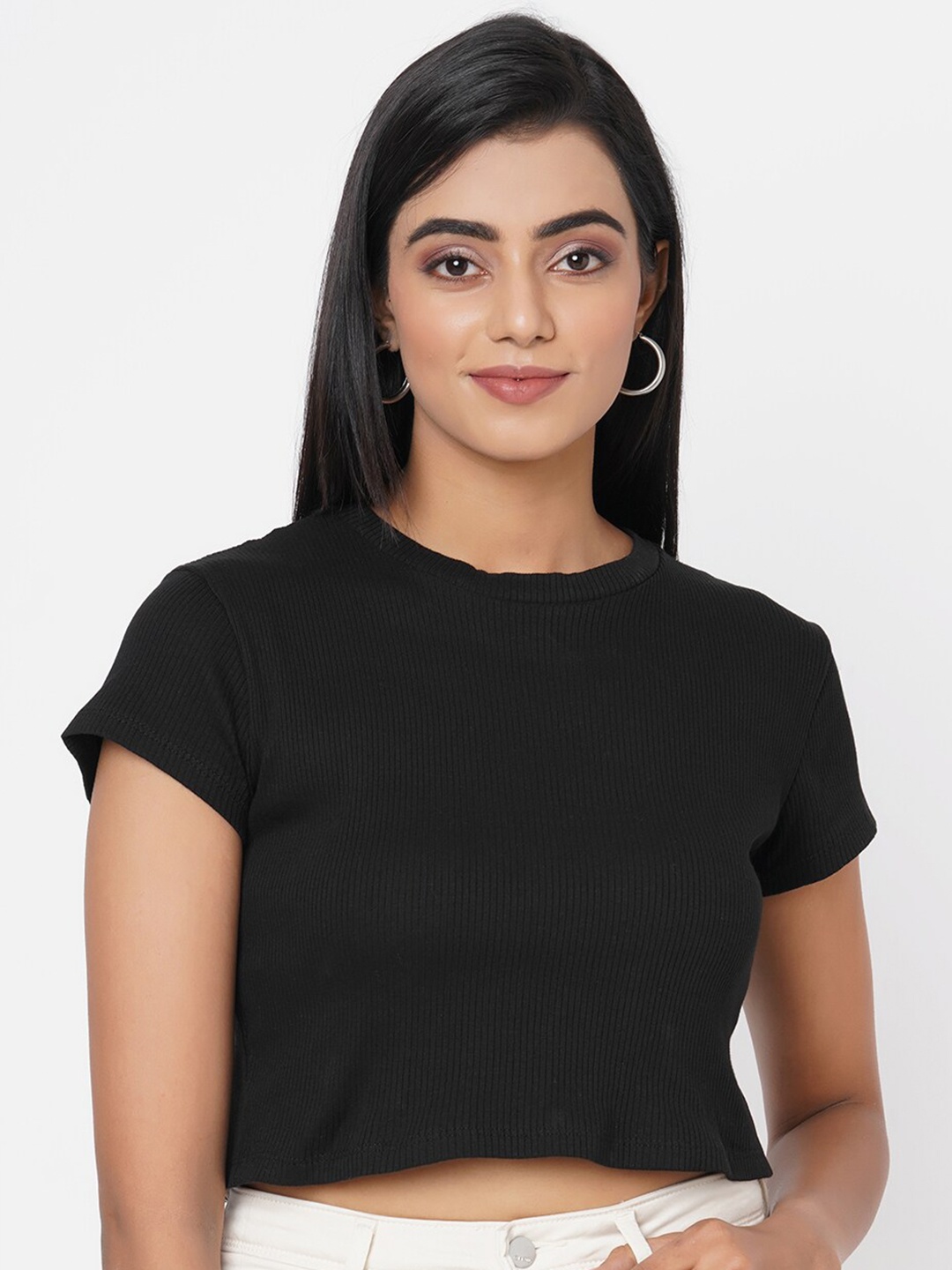 

Kraus Jeans Women Black Solid Viscose Rayon Slim Fit T-shirt
