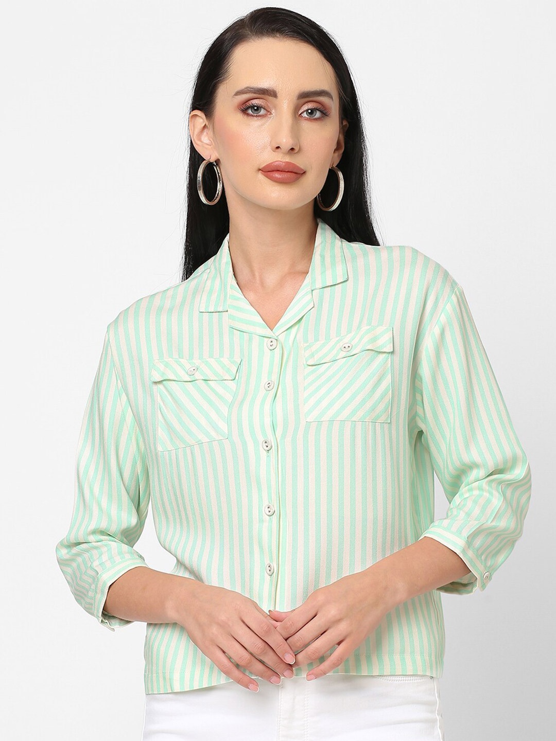 

Kraus Jeans Women Green Slim Fit Striped Casual Shirt