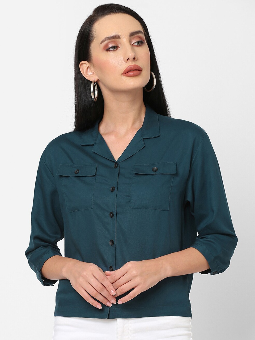 

Kraus Jeans Women Teal Blue Slim Fit Casual Shirt