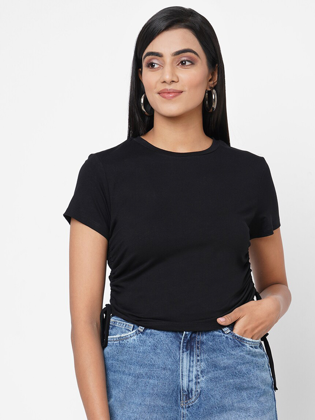 

Kraus Jeans Women Black Solid Viscose Rayon Slim Fit T-shirt