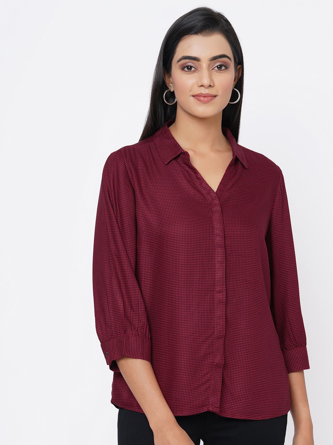 

Kraus Jeans Women Red Micro Checked Slim Fit Casual Shirt