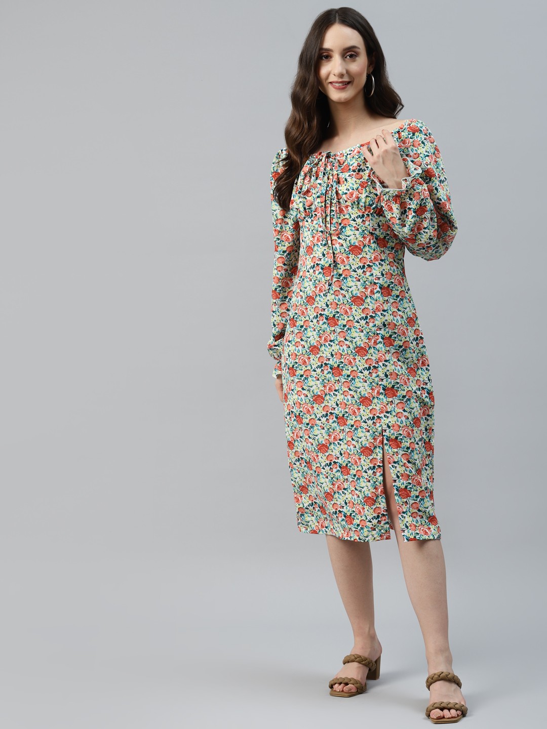 

plusS Off White & Blue Floral Print Tie-Up Neck A-Line Midi Dress