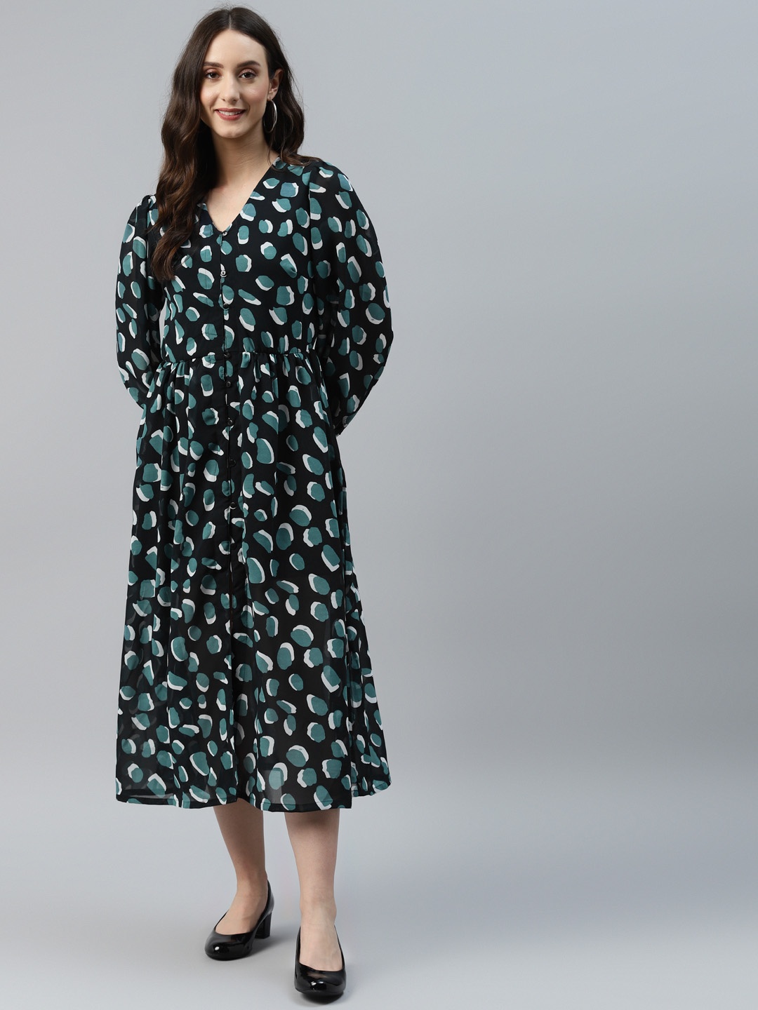 

plusS Black & Sea Green Printed A-Line Midi Dress