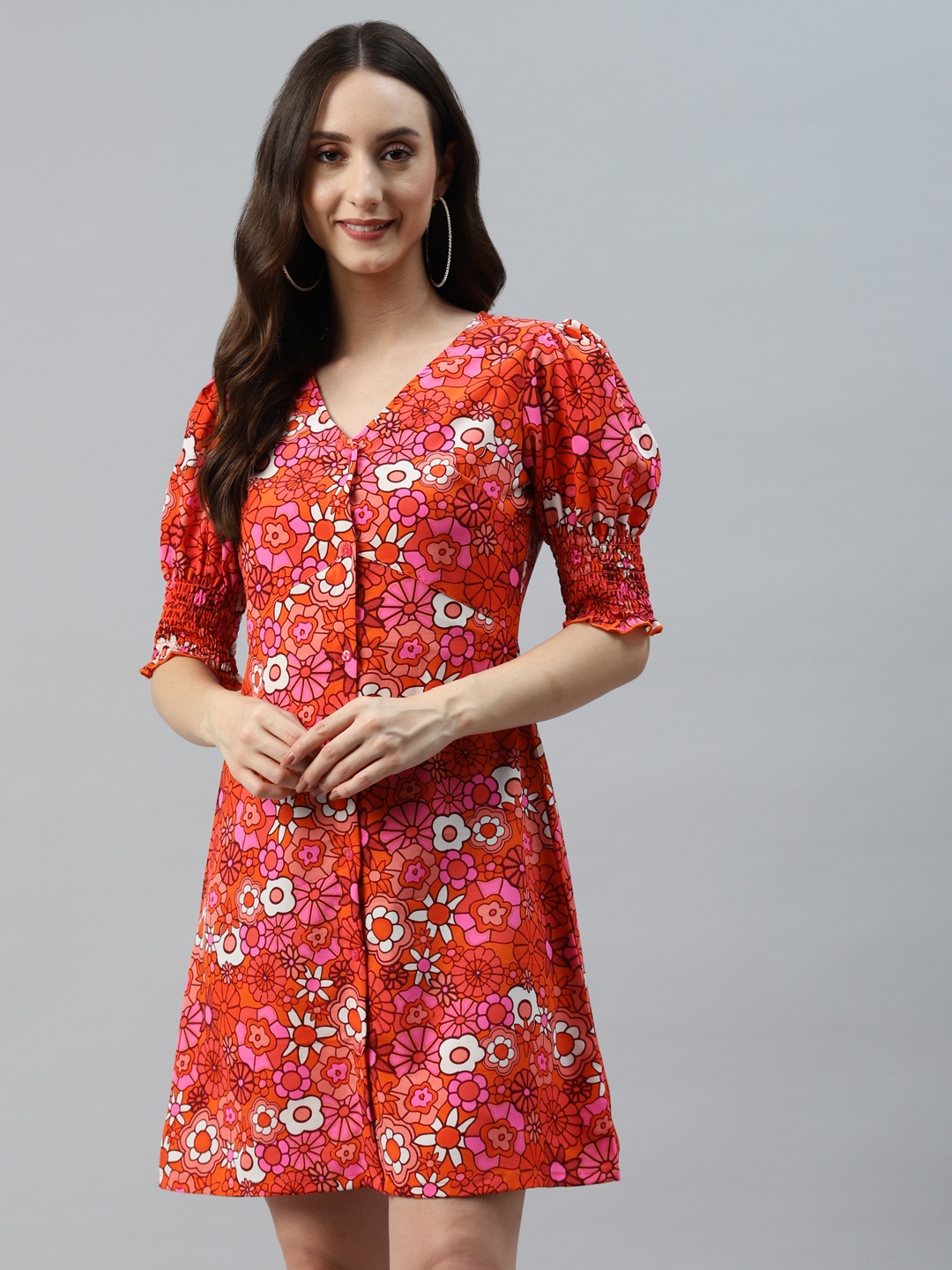 plusS Orange & Pink Floral Print A-Line Mini Dress