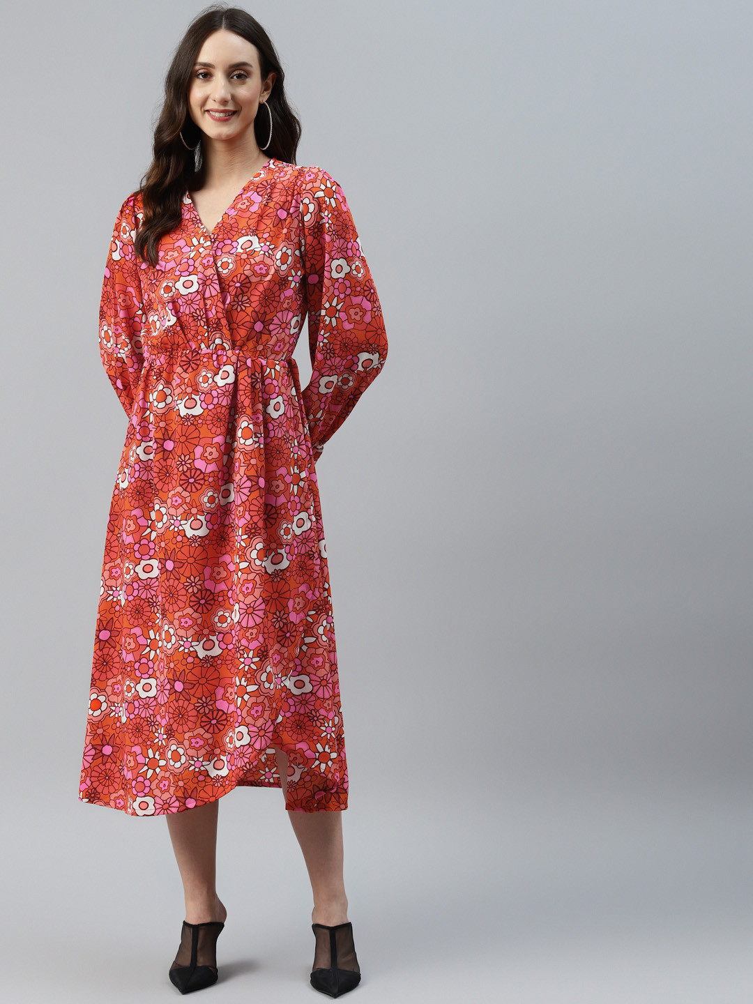 

plusS Orange & Red Floral Print Wrap Midi Dress