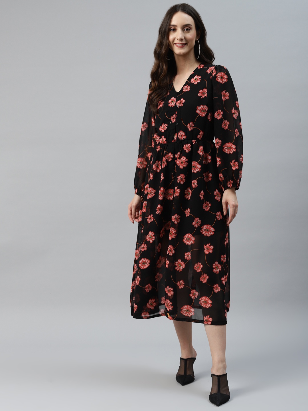 

plusS Black & Pink Floral Print A-Line Midi Dress