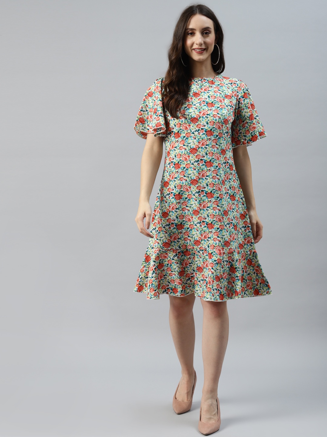

plusS Sea Green & Red Floral Print A-Line Dress