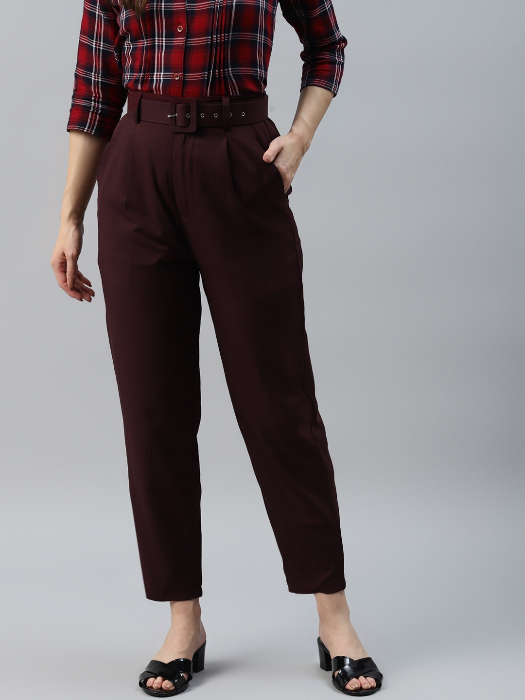 

plusS WORX Women Maroon Solid Pleated Trousers with Belt