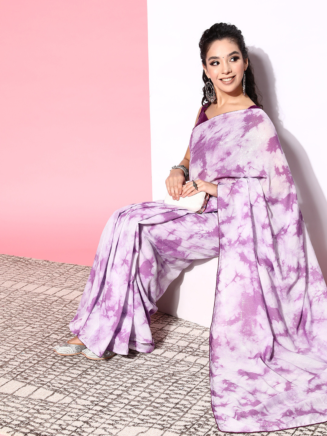 

Saree mall Tie and Dye Saree with Solid border, Purple