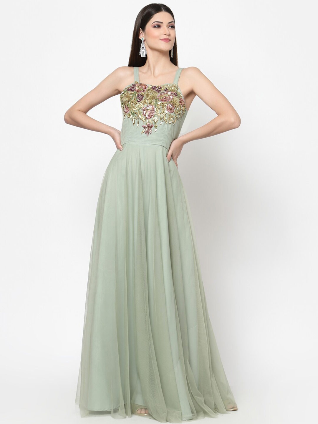

Just Wow Sea Green Embellished Net Maxi Dress