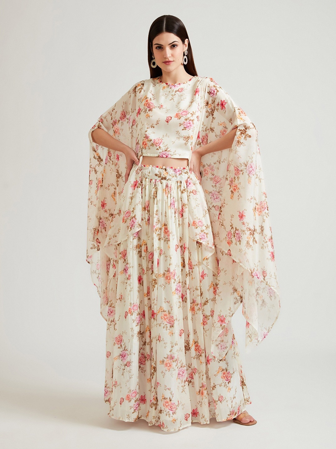 

Neerus Cream-Coloured & Pink Printed Ready to Wear Lehenga &