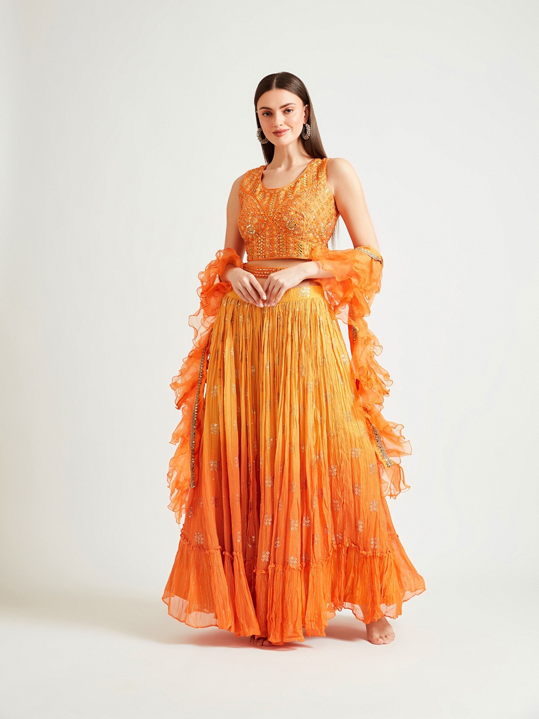 

Neerus Orange Embellished Sequinned Ready to Wear Lehenga & Blouse With Dupatta