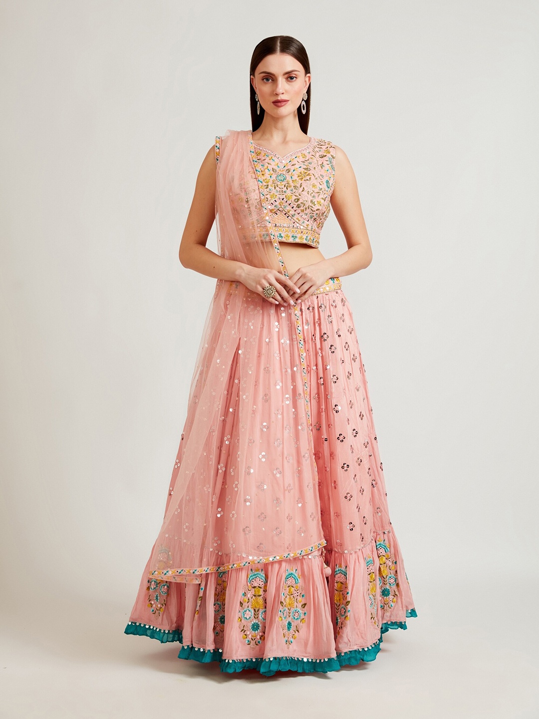

Neerus Peach-Coloured & Yellow Embellished Sequinned Ready to Wear Lehenga & Blouse With Dupatta