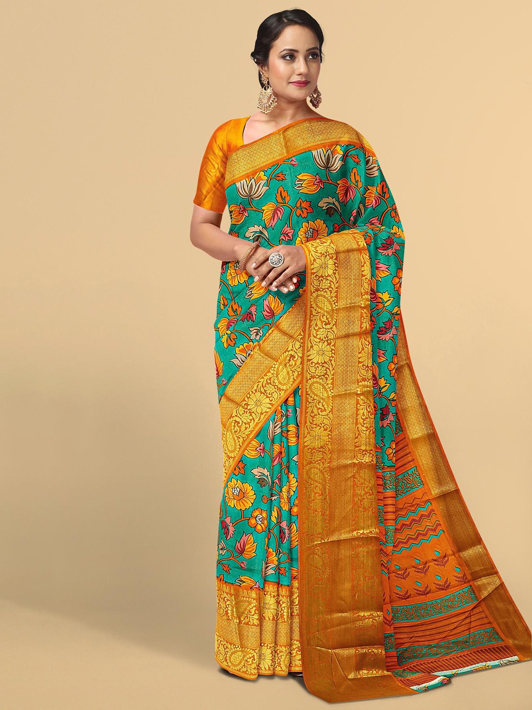 

Kalamandir Teal & Pink Floral Zari Silk Blend Saree