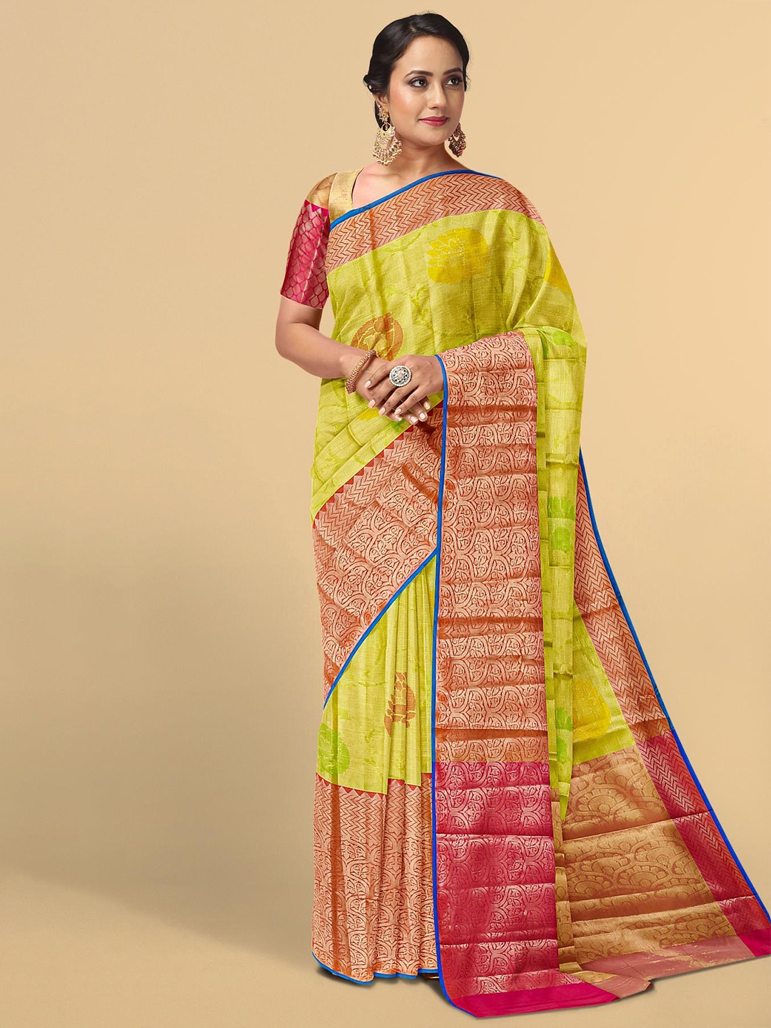 

Kalamandir Yellow & Red Floral Zari Tissue Saree