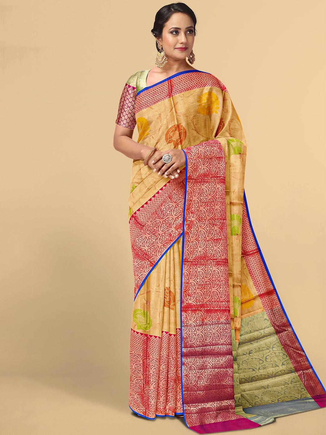 

Kalamandir Pink & Orange Floral Zari Tissue Saree