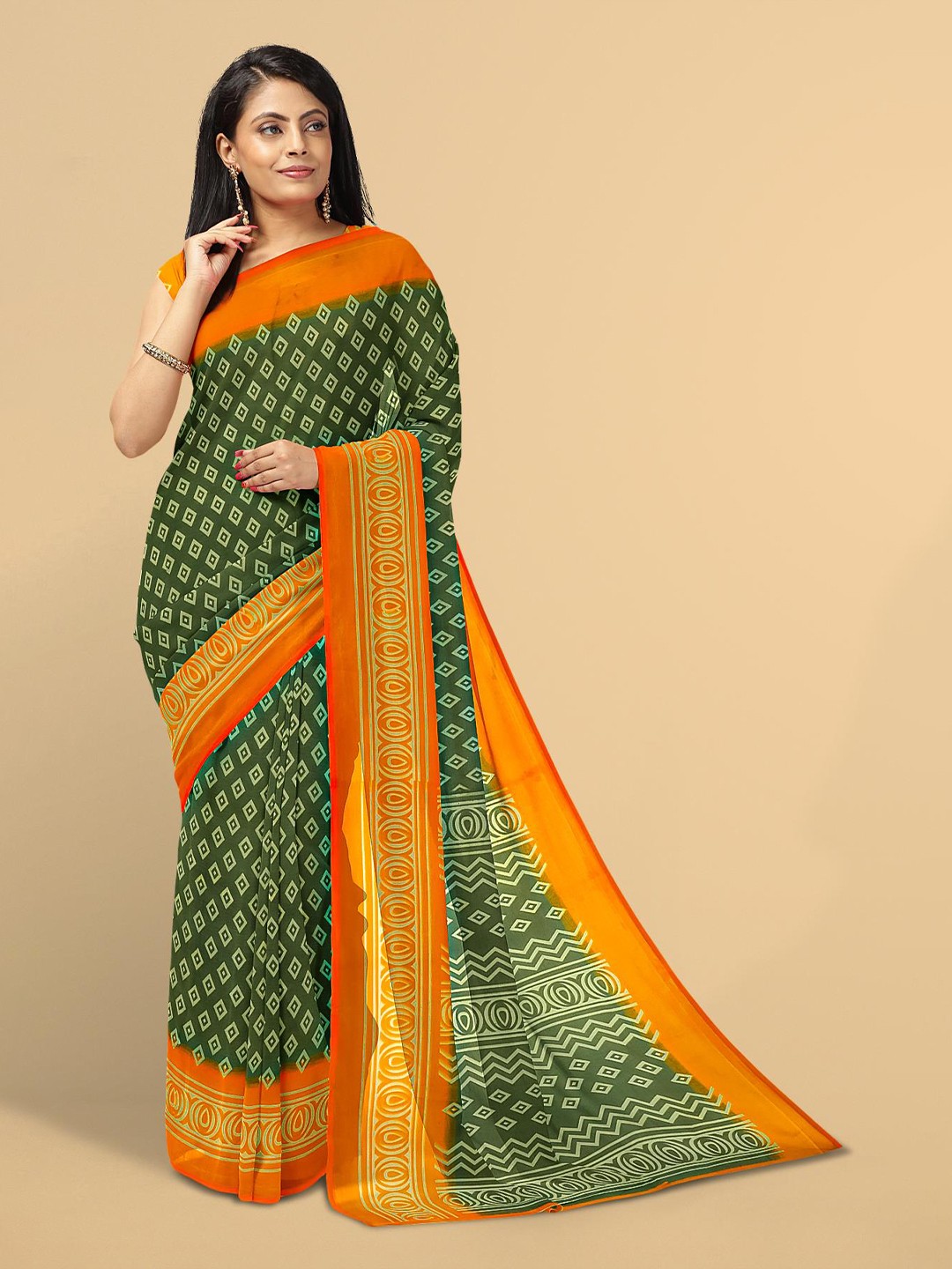 

Kalamandir Olive Green & Orange Saree