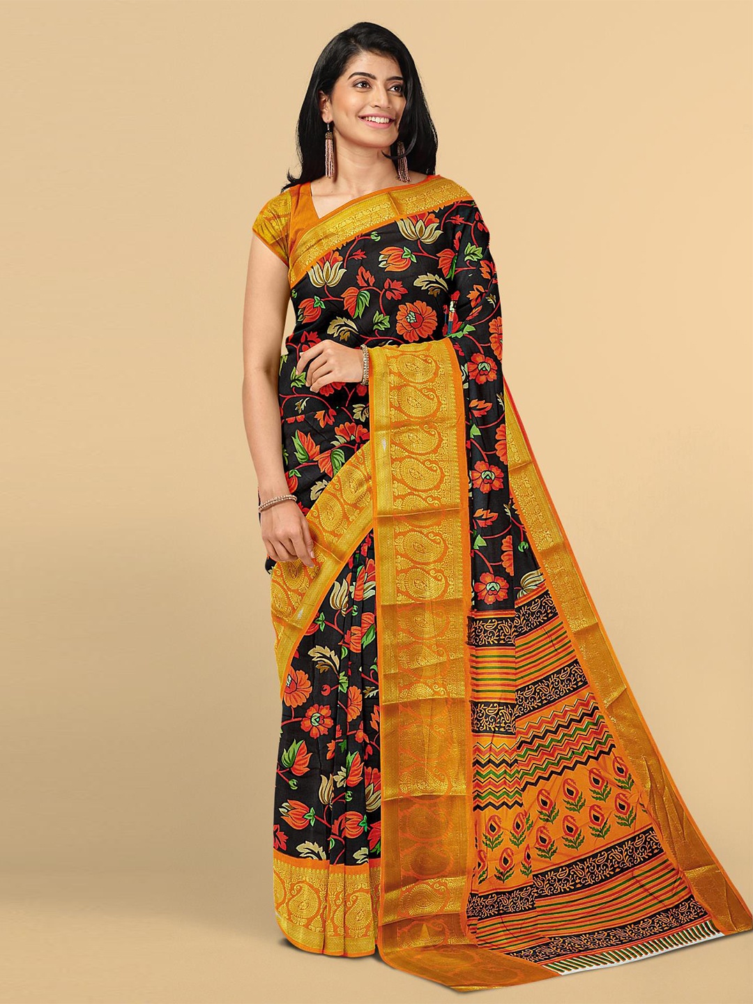 

Kalamandir Brown & Orange Floral Zari Silk Blend Saree