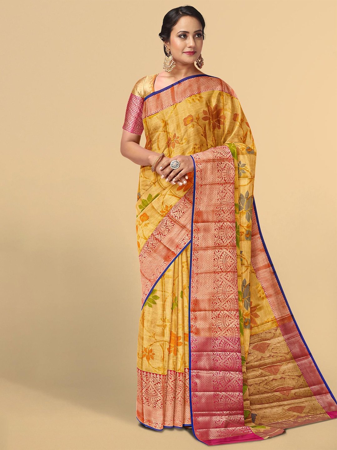 

Kalamandir Orange & Red Floral Zari Tissue Saree