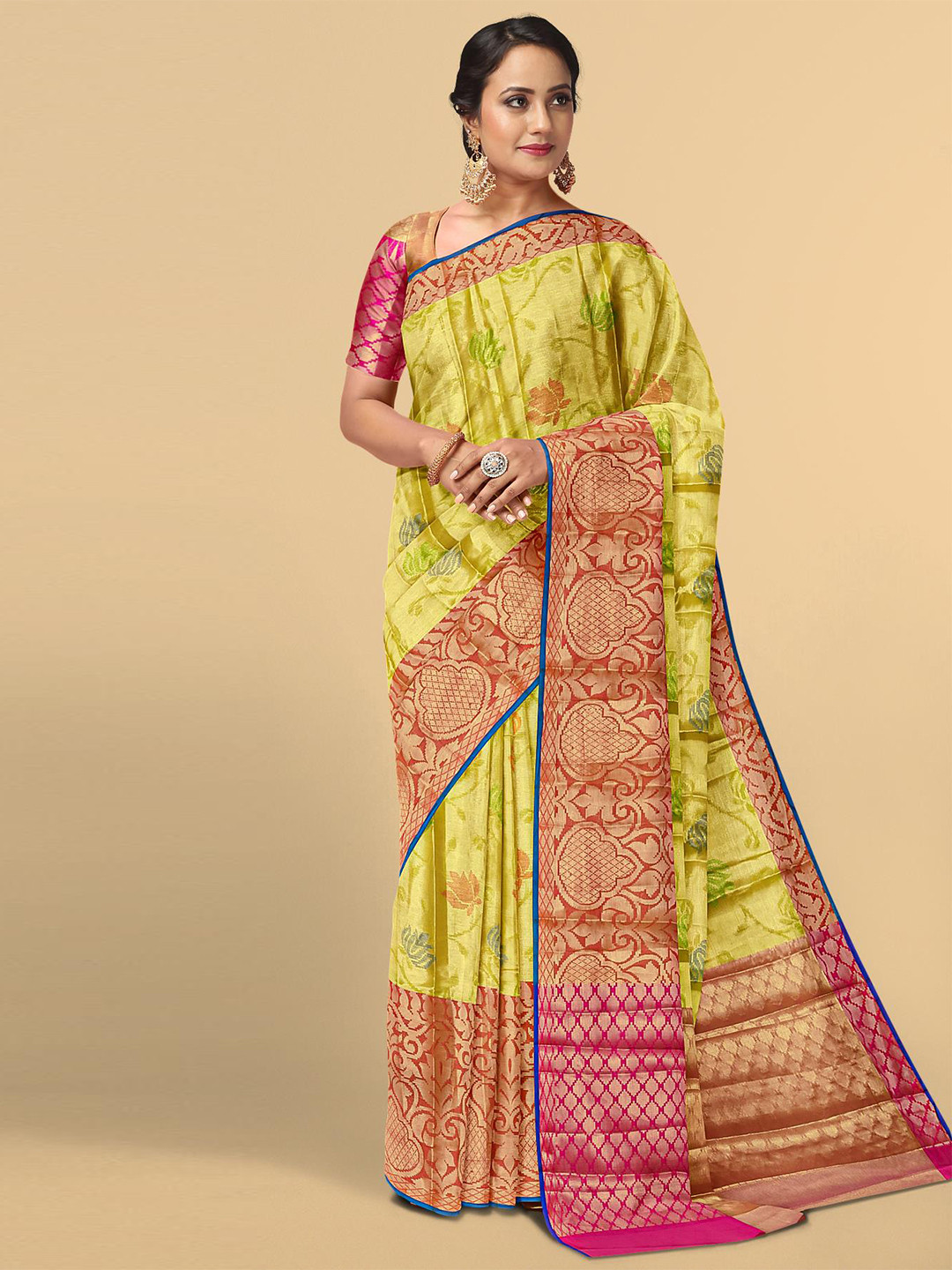 

Kalamandir Yellow & Red Floral Zari Tissue Saree