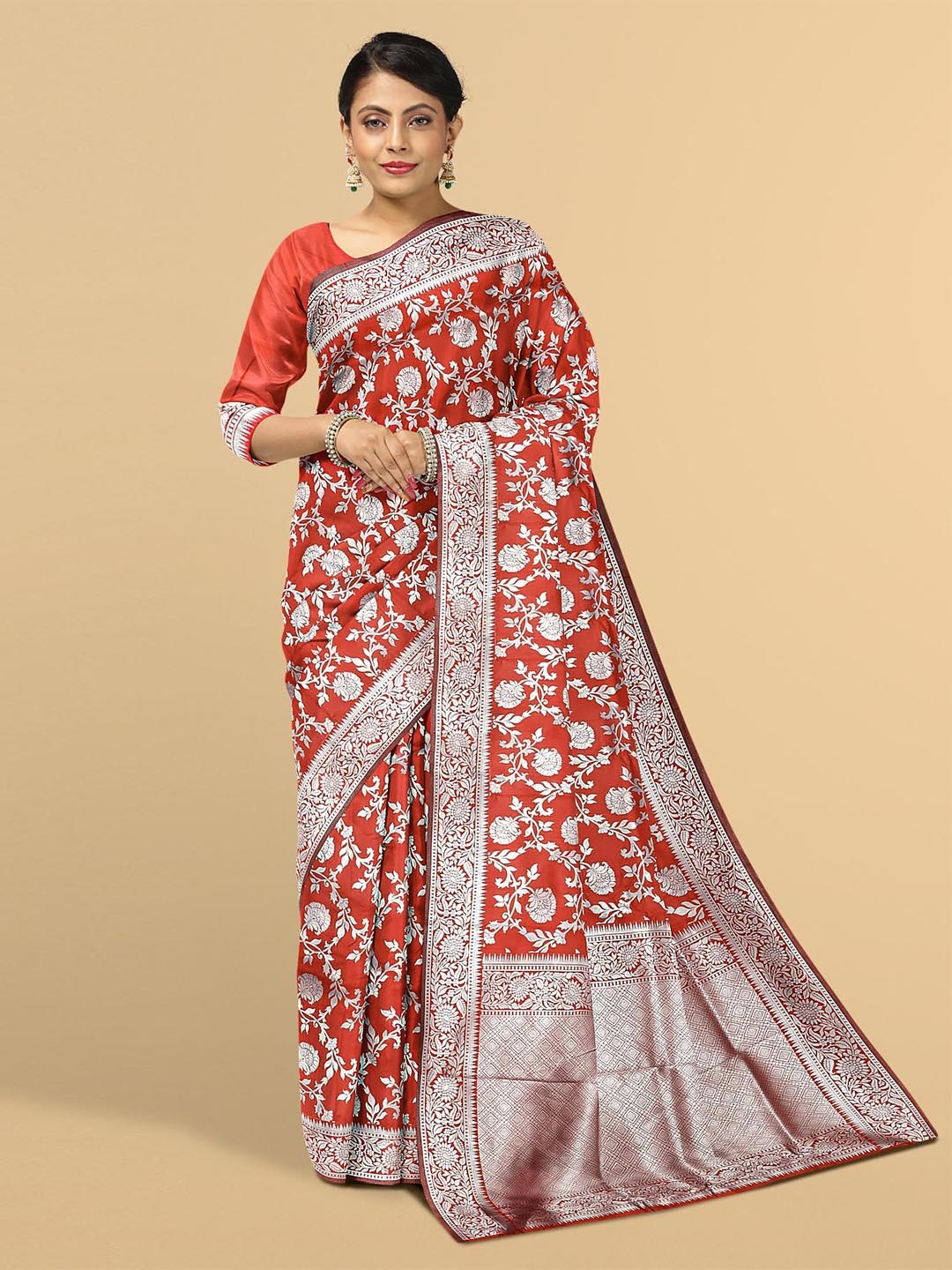 

Kalamandir Red & Silver-Toned Floral Zari Silk Blend Saree
