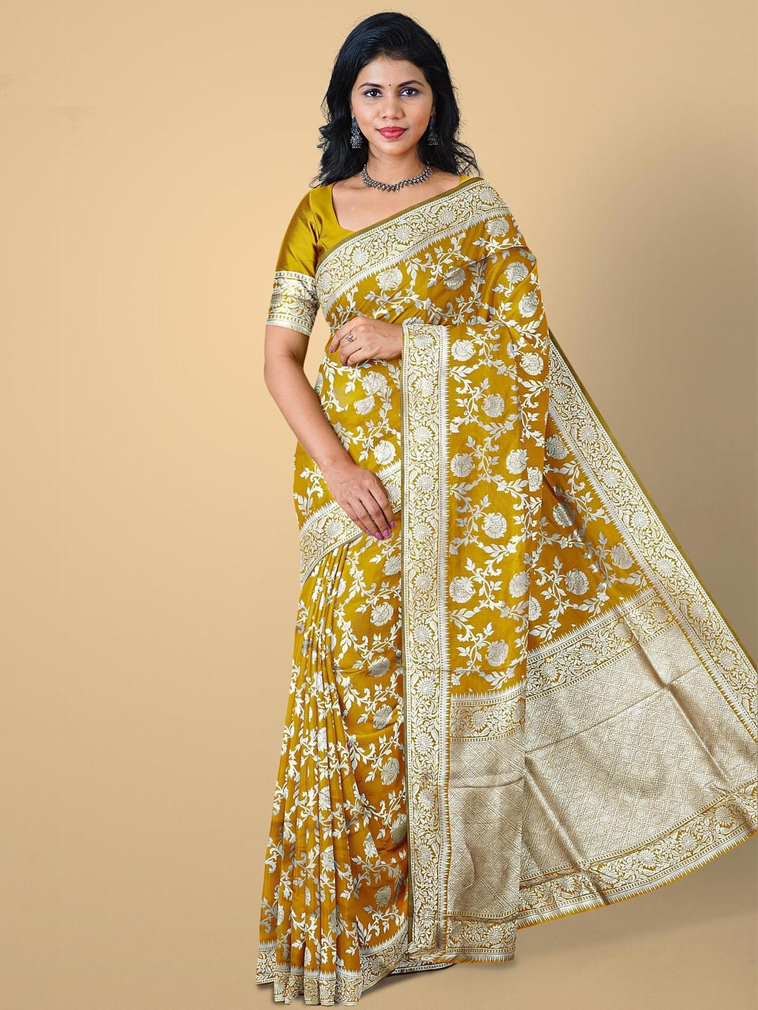 

Kalamandir Mustard & Gunmetal-Toned Floral Zari Silk Blend Saree