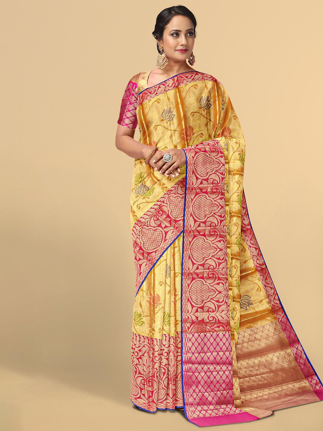 

Kalamandir Orange & Pink Floral Zari Tissue Saree
