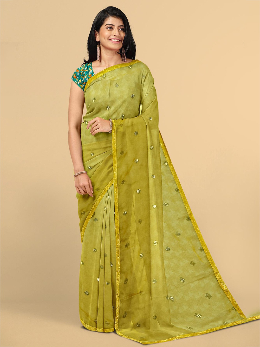 

Kalamandir Olive Green & White Floral Zari Silk Blend Saree