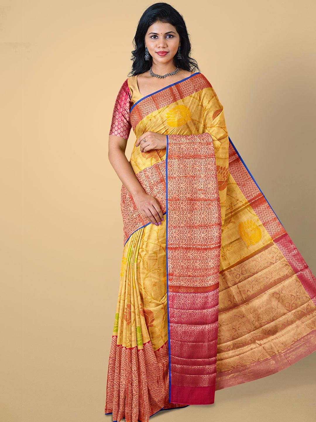 

Kalamandir Orange & Magenta Floral Zari Tissue Saree