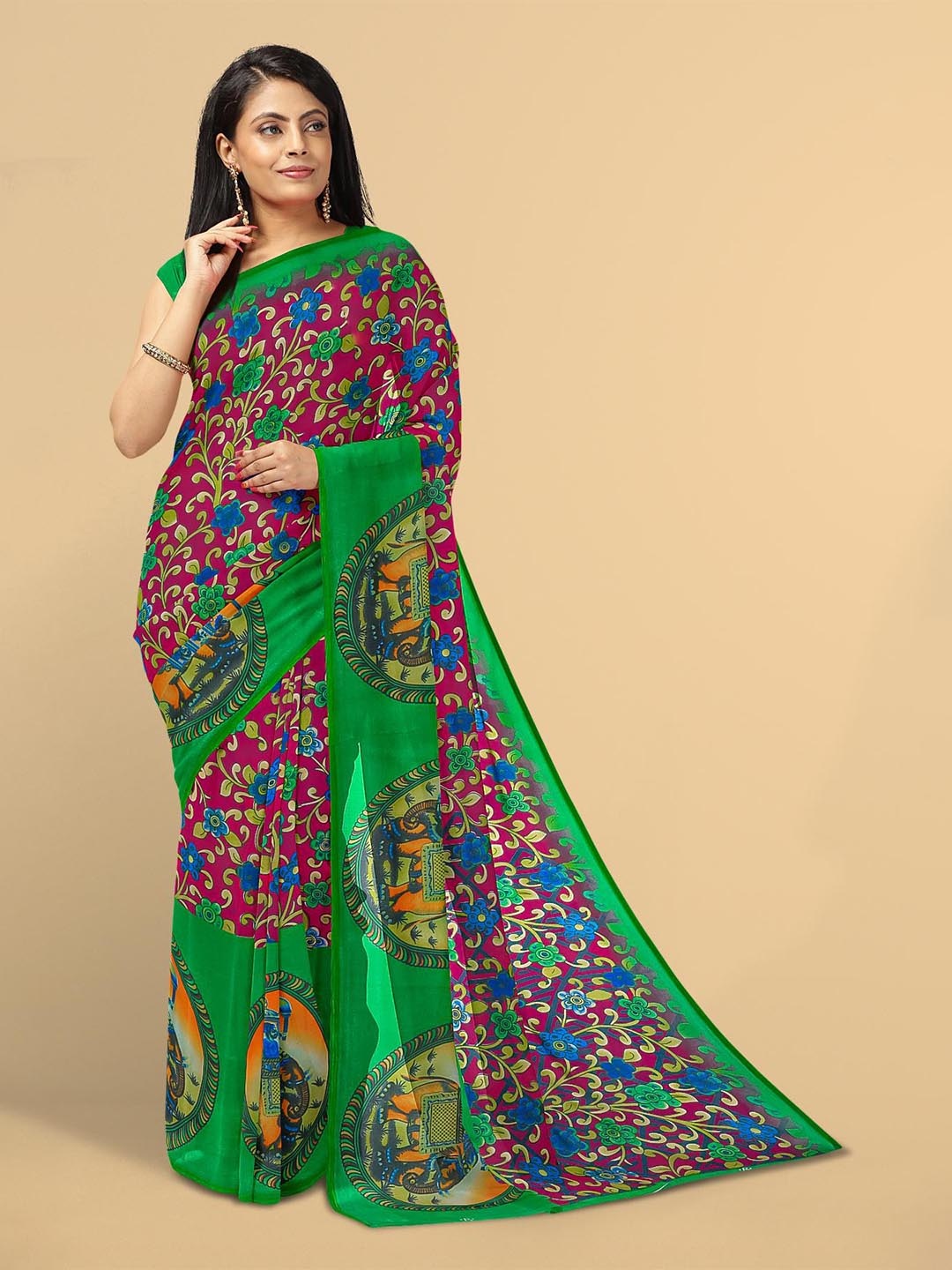 

Kalamandir Pink & Green Floral Saree