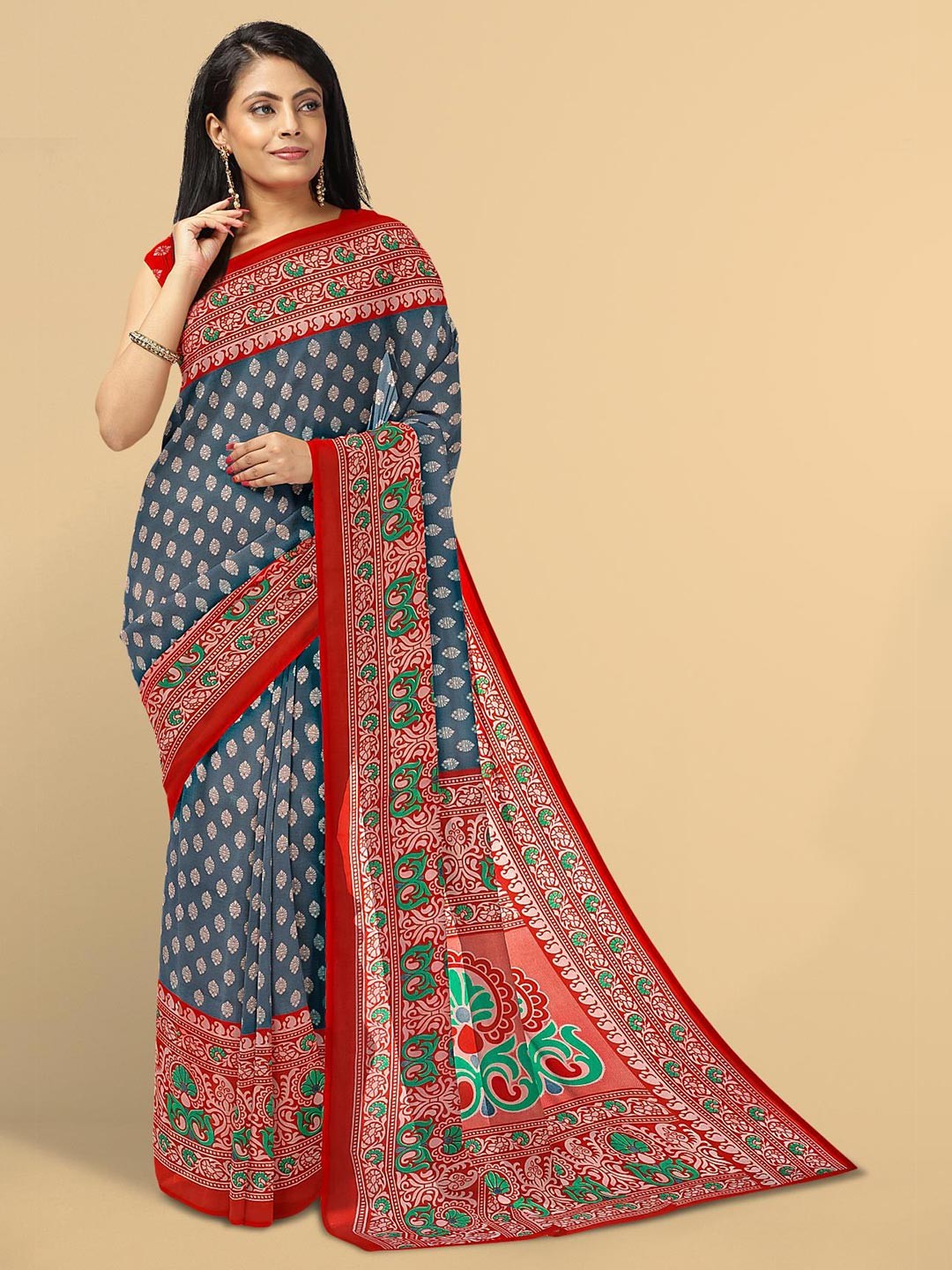 

Kalamandir Grey & Red Floral Saree