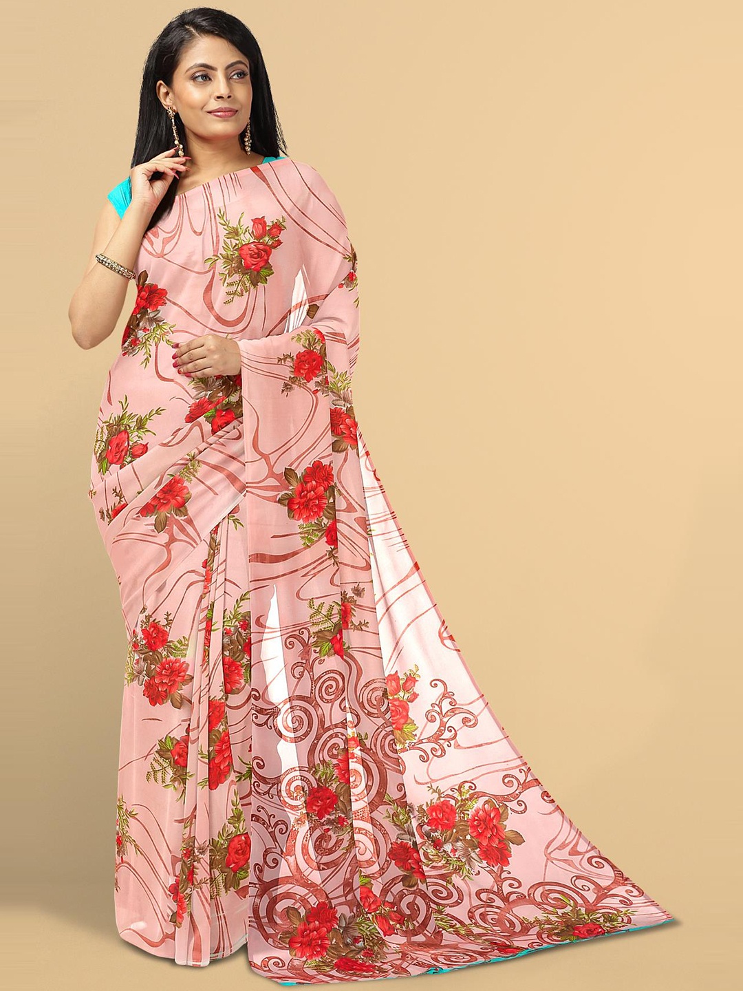 

Kalamandir Peach-Coloured & Red Floral Saree