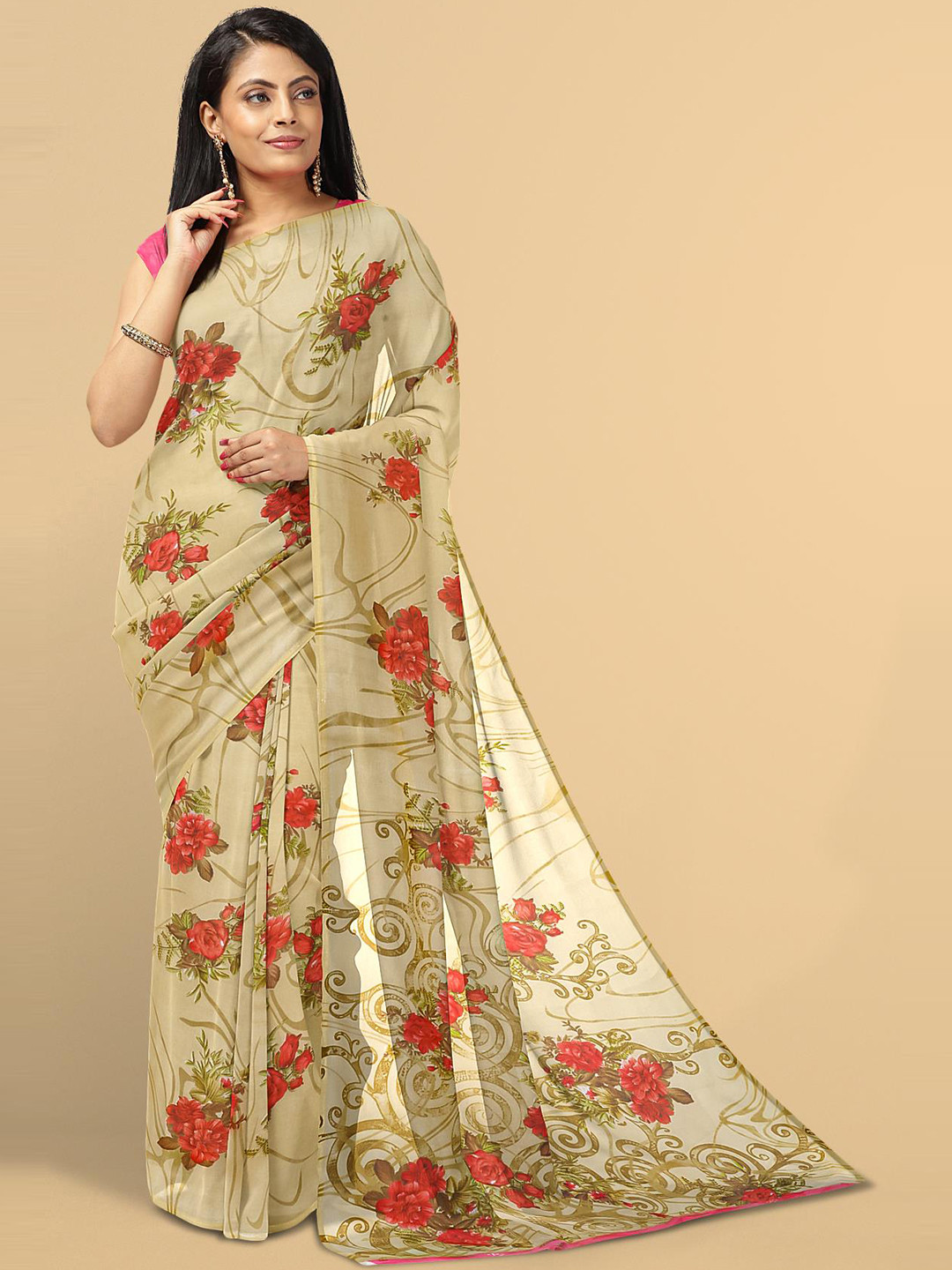 

Kalamandir Cream-Coloured & Red Floral Saree