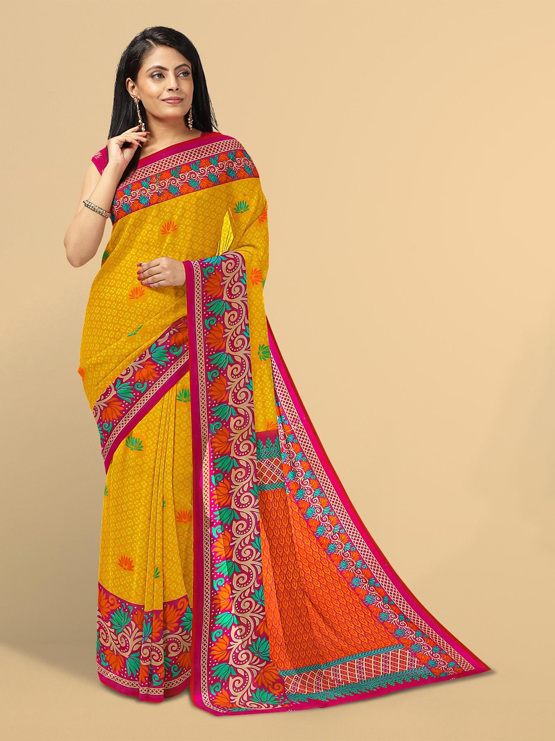 

Kalamandir Mustard & Red Floral Zari Saree