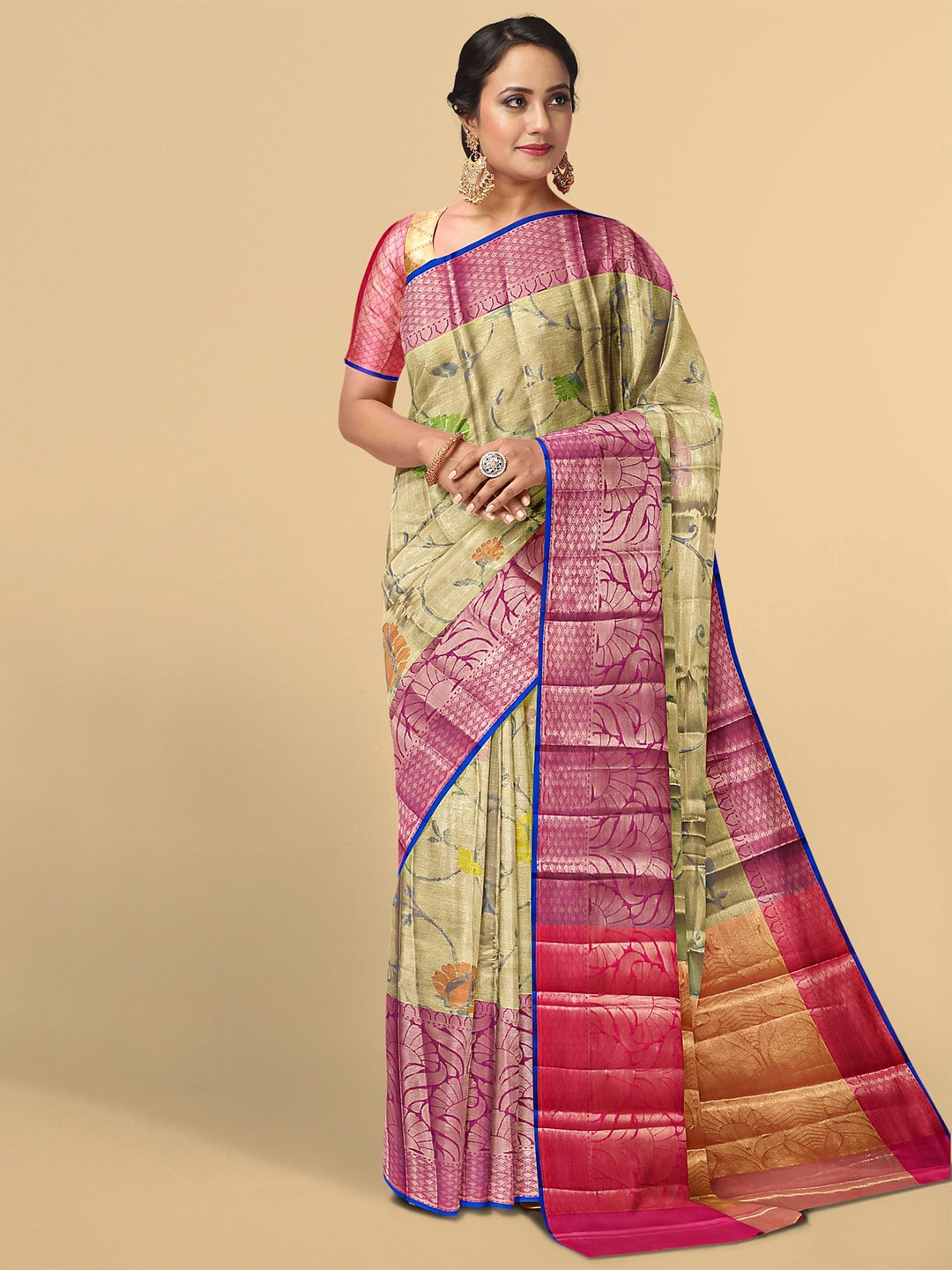 

Kalamandir Grey & Gold-Toned Floral Zari Tissue Saree