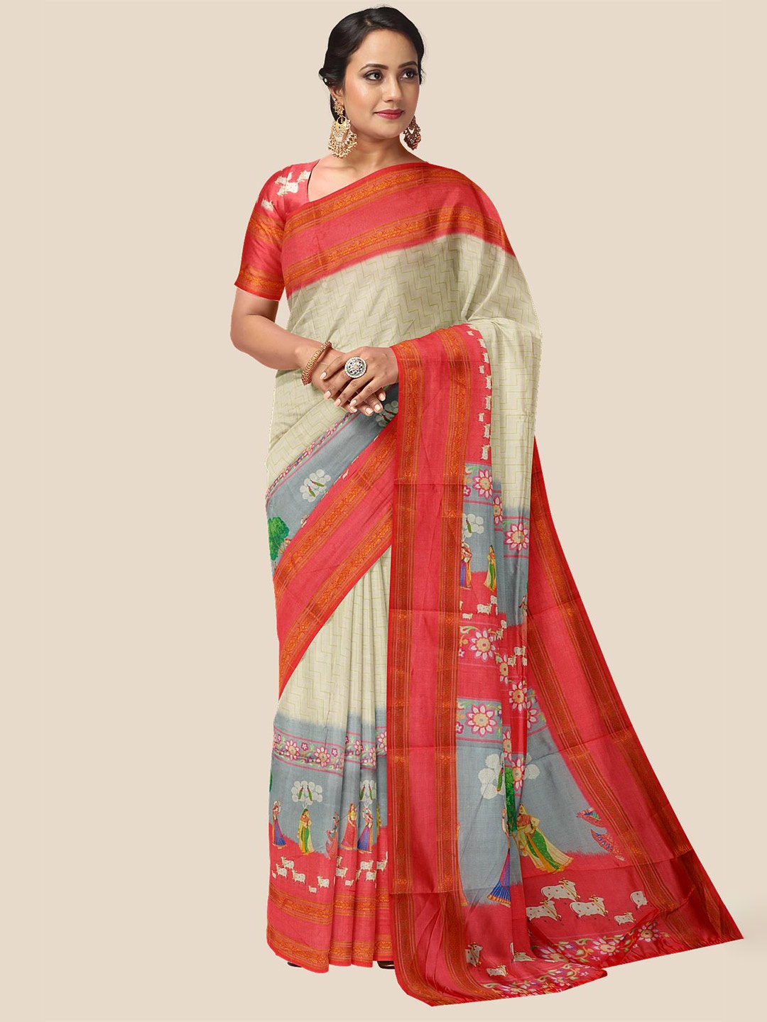 

Kalamandir Off White & Red Silk Blend Saree