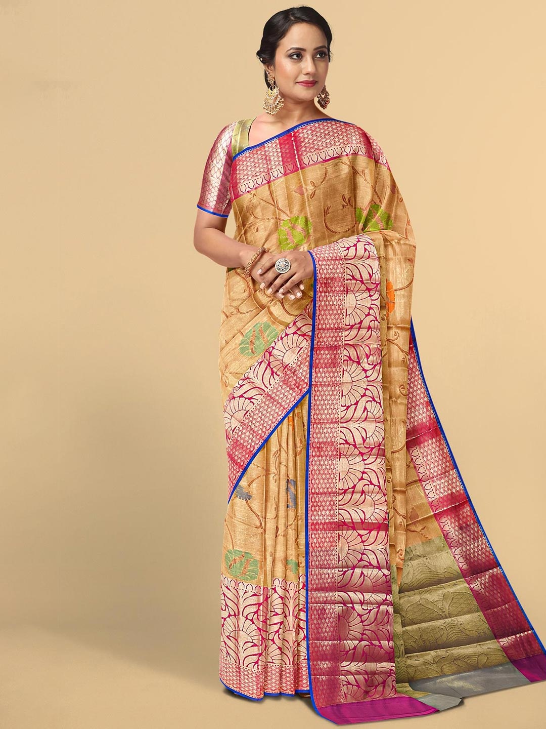 

Kalamandir Pink & Green Floral Zari Tissue Saree