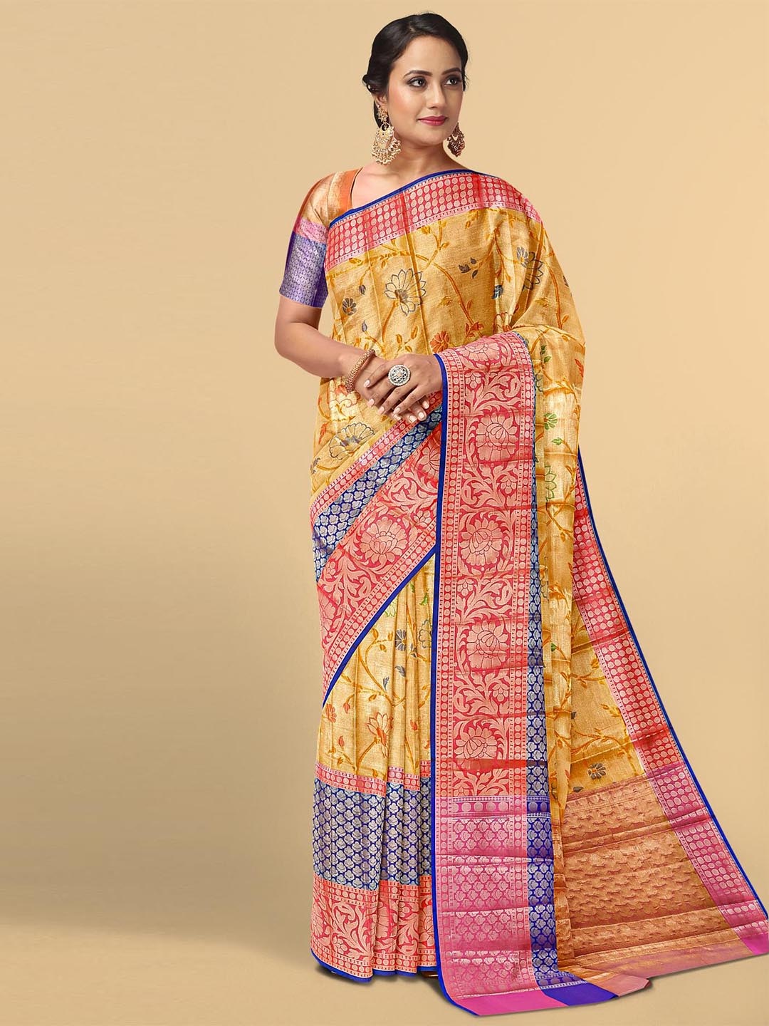 

Kalamandir Orange & Blue Floral Zari Tissue Saree