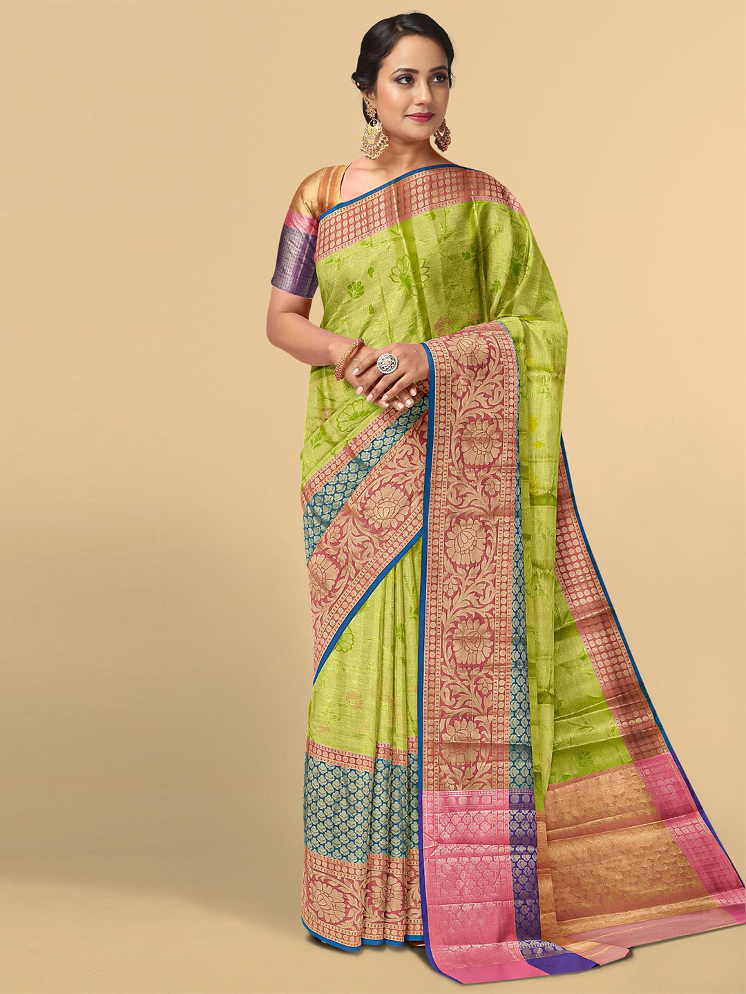 

Kalamandir Green & Pink Floral Zari Tissue Saree