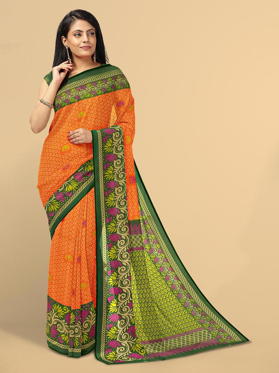 

Kalamandir Orange & Green Floral Saree