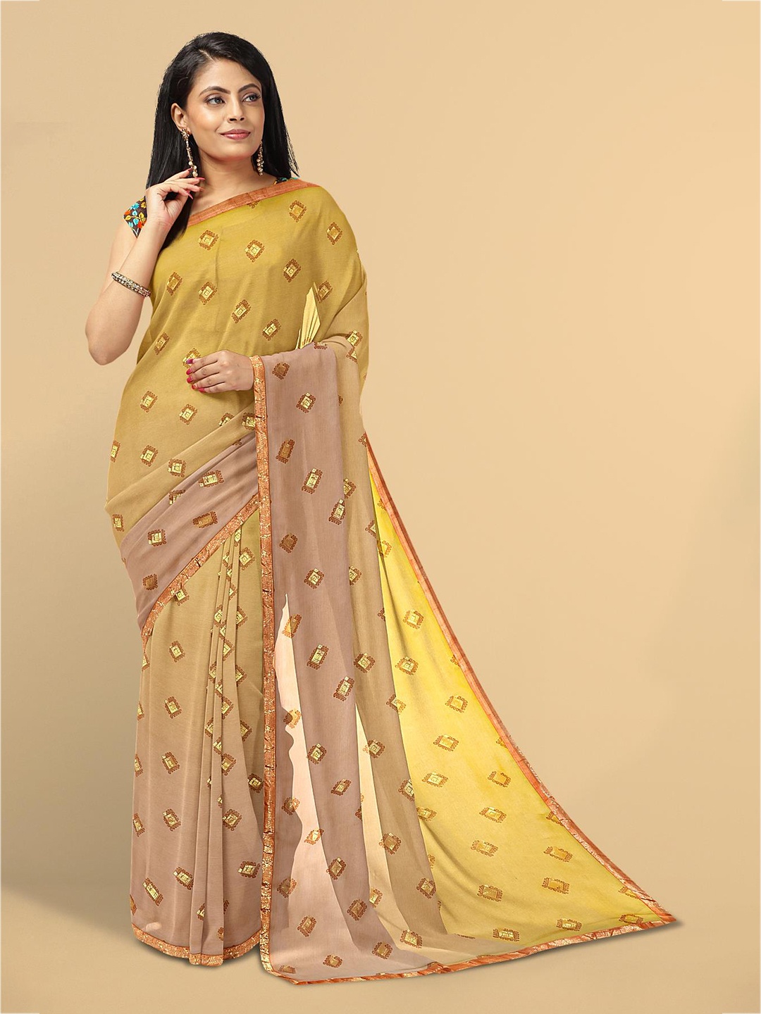 

Kalamandir Gold-Toned & Green Floral Zari Silk Blend Saree