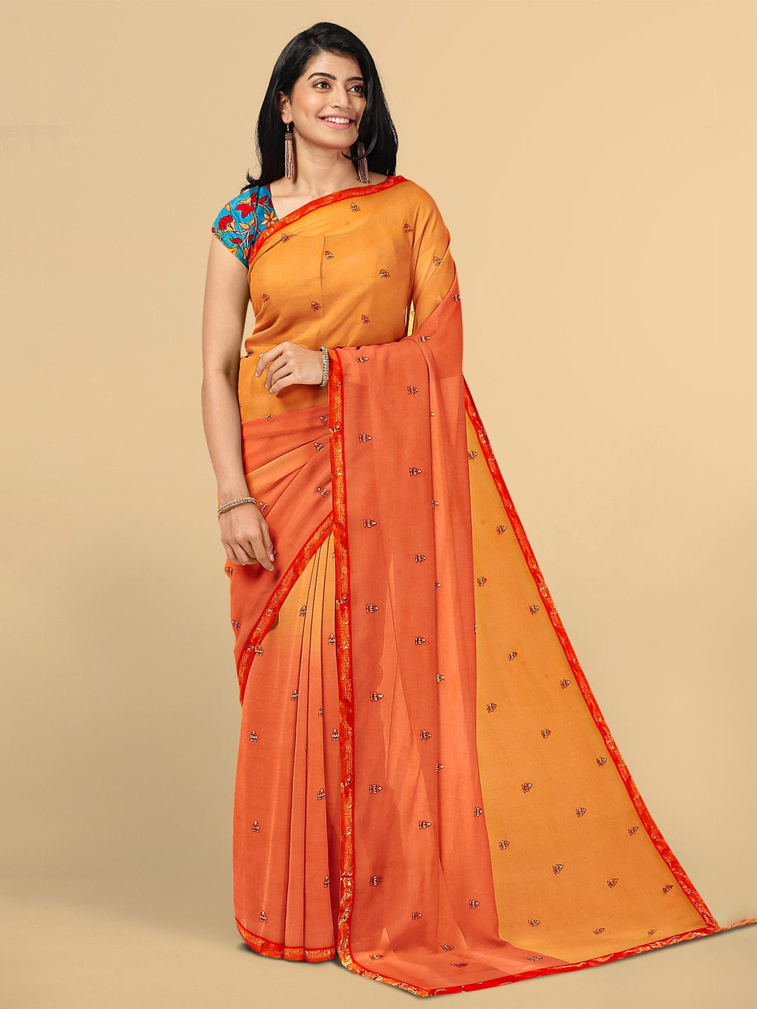 

Kalamandir Orange Floral Zari Silk Blend Saree