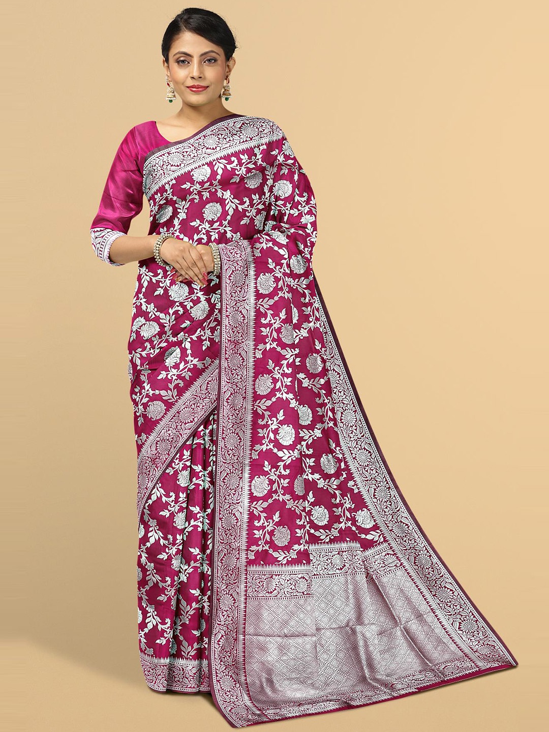 

Kalamandir Pink & Silver-Toned Floral Zari Silk Blend Saree